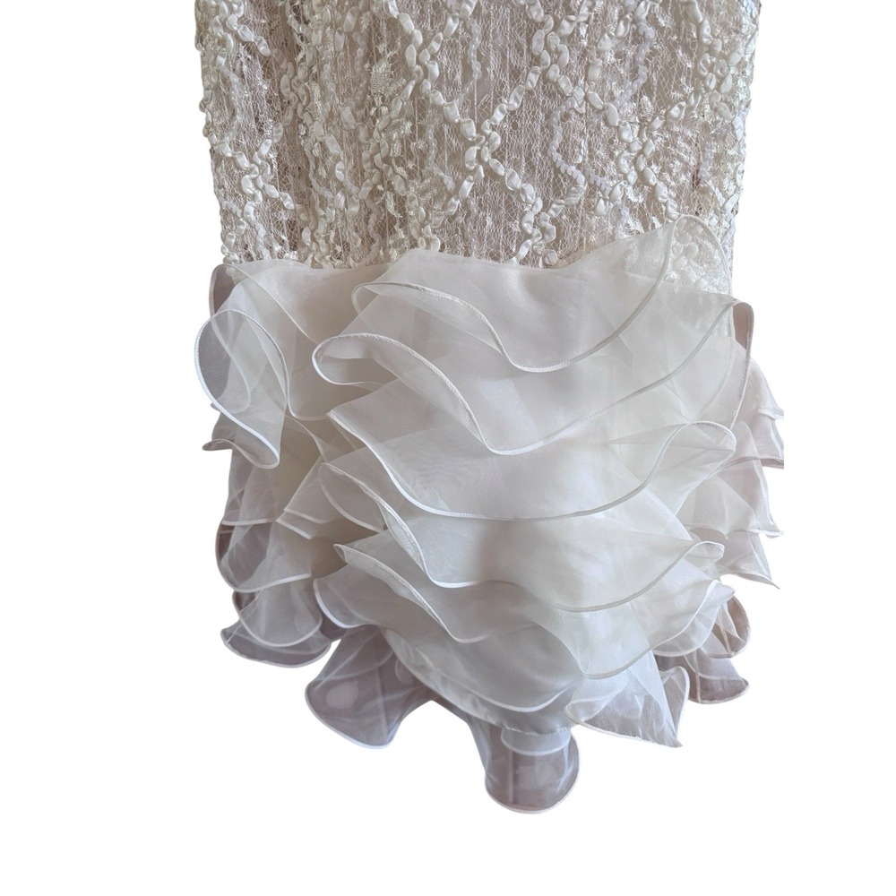 Vintage Pat Richards Cocktail Wedding Dress Ivory Lace Body Ruffled Hem *No Size - Picture 3 of 12